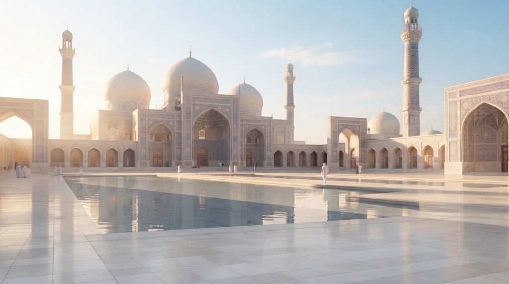 Majestic Mosque Architecture with Grand Courtyard and Reflecting Pool